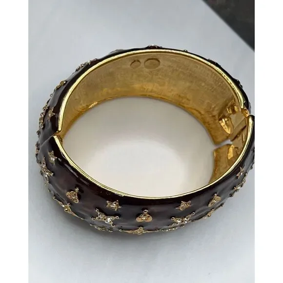 Bronze Enamel Gold & Crystal Kenneth Jay Lane Hearts & Star Bangle Bracelet - Picture 12 of 16